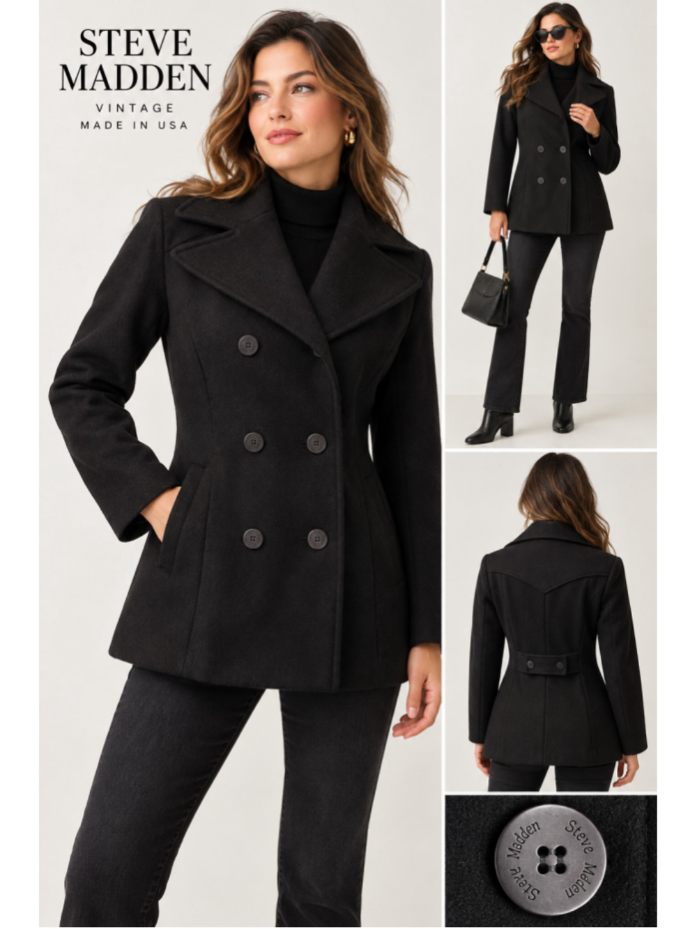 Vintage Steve Madden 70% Wool Peacoat S Black Made in USA Y2K Coat